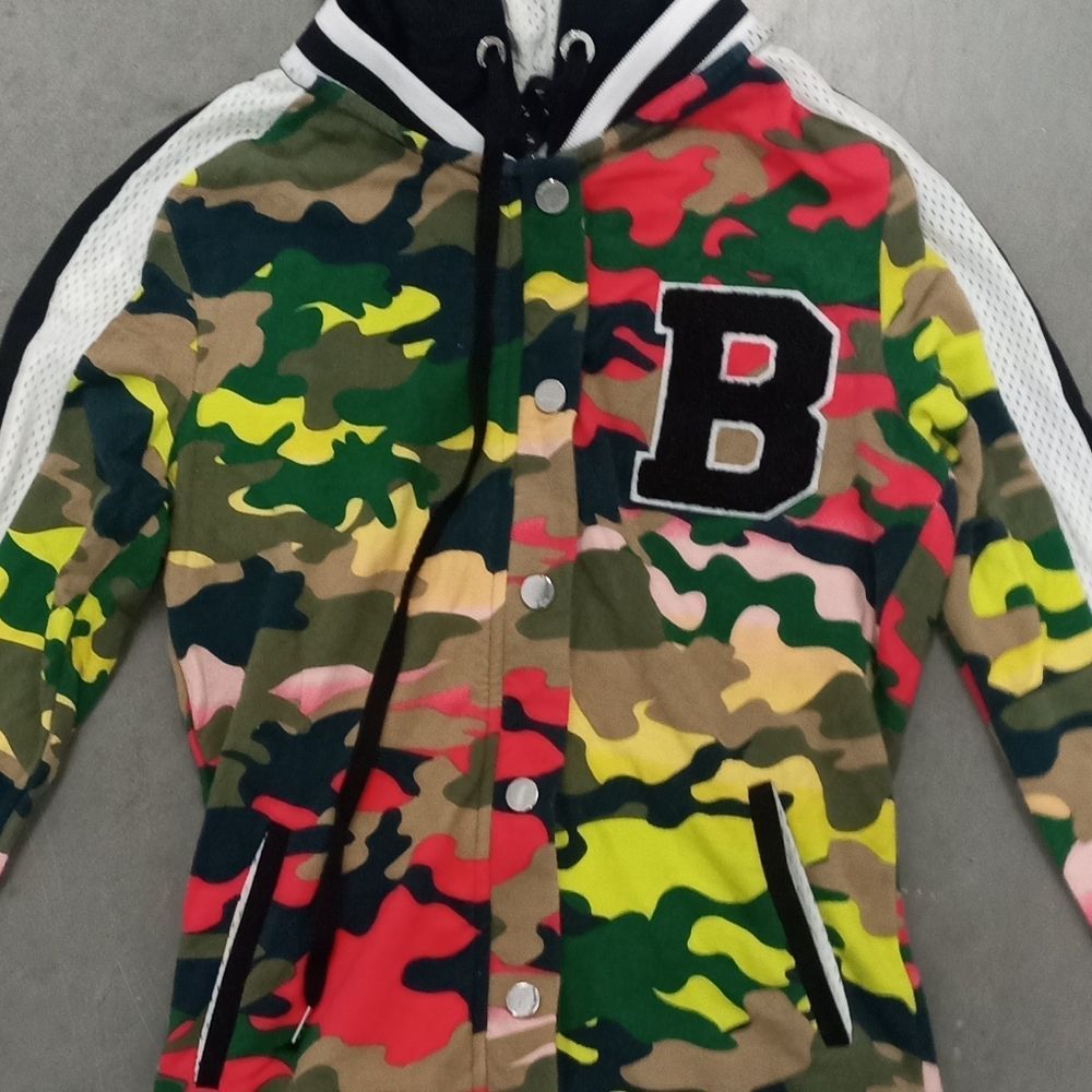 BEBE Colorful Camo Letterman Hoodie XS